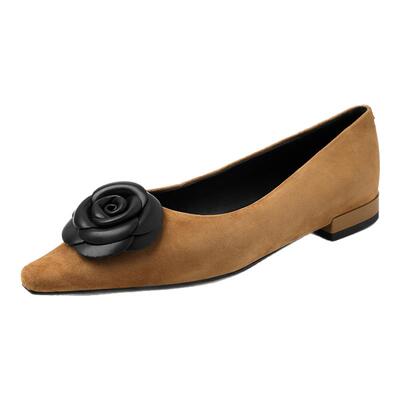 街头花朵 Literary甜美气质方头单鞋显瘦平底鞋低跟羊翻皮真皮女