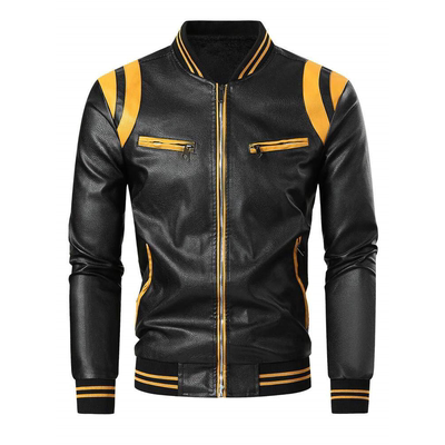 Fleece color-block PU leather jacket春秋季加绒款拼色PU皮夹克