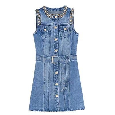 无袖牛仔链条轻奢背带牛仔连衣裙