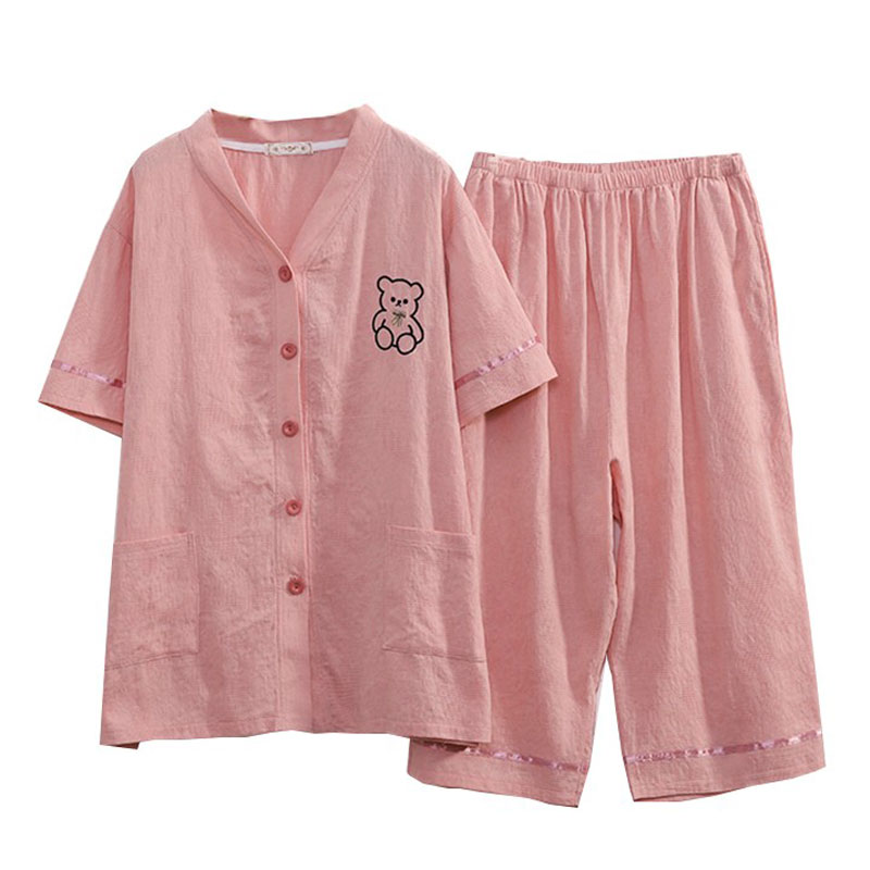 夏季薄款睡衣女款大码200斤纯棉V领休闲短袖九分裤家居服套装胖mm
