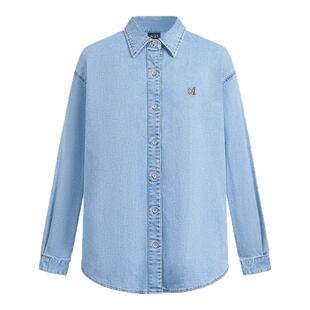 A21女装复古牛仔外套宽松水洗设计感polo领长袖衬衫