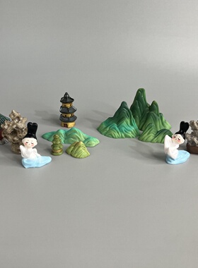 微缩古风跳舞侍女山水小摆件假山太湖石装饰品配件玄关桌面小摆件