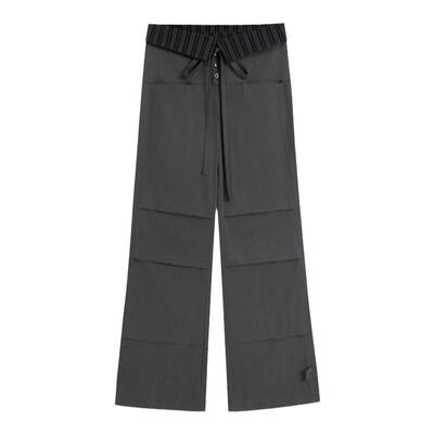 灰绿色翻腰头天丝棉微喇长裤