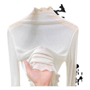 高领薄款针织打底衫女春秋新款木耳边洋气内搭小衫微透针织衫女潮