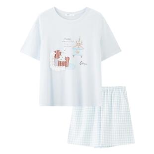 三福抗菌睡衣女款春夏季雪花棉甜美印花家居服套装可外穿短袖短裤