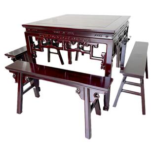 徽派拐子八仙桌实木缅花酸枝花梨木雕花红木多功能原木正方形餐桌