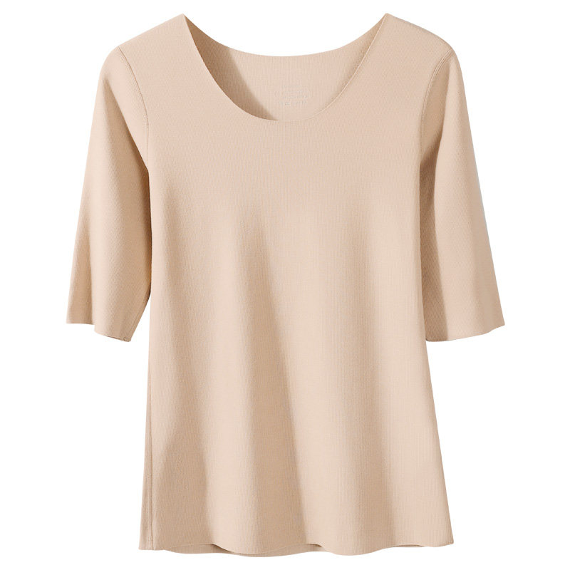 花花公子五分半袖保暖内衣女打底衫加绒无痕七分中袖t恤发热秋衣