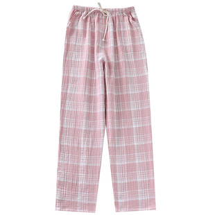 日系格子睡裤女纯棉纱布春夏季薄款水洗绉布家居裤长裤可外穿大码