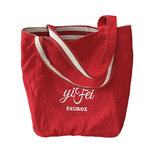 条纹红色帆布包 ins小众手提托特包大容量学生上课通勤单肩包包女