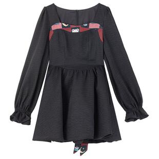 KEIKO [亲肤莱赛尔]千金风黑色方领连衣裙春季提花系带蓬蓬公主裙