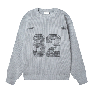 CoosRetro美式复古圆领套头针织衫数字胶印毛衣春秋男女宽松外套