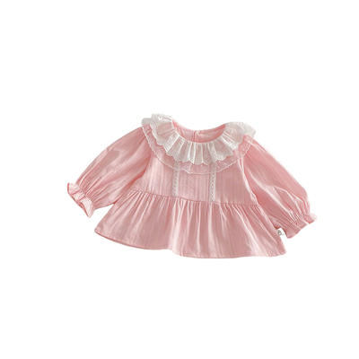 女童泡泡袖衬衫2026新款小女孩蕾丝娃娃领上衣女宝百搭长袖t恤春