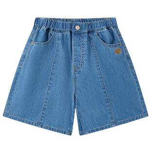 eland kids衣恋童装女童短裤夏简约学院风徽章刺绣裤子洋气牛仔裤