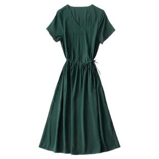 新款棉绸连衣裙女夏季纯色V领短袖显廋中长款人造棉外穿绵绸裙子