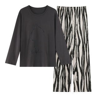 纯棉睡衣女春秋季圆领带胸垫长袖长裤高级感休闲家居服秋冬款套装