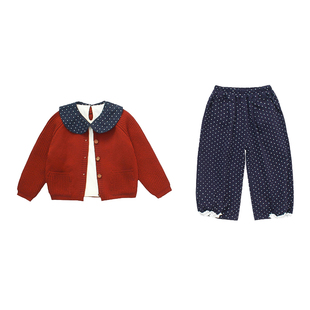 女童红色娃娃领波点针织开衫三件套春秋装新时髦百搭休闲秋季套装