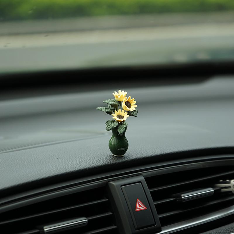 【陶土精品】向日葵迷你汽车内装饰品小花瓶摆件车载中控台高级感