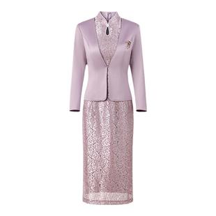 新中式中年时尚两件套连衣裙春婚礼妈妈礼服喜婆婆婚宴旗袍套装裙