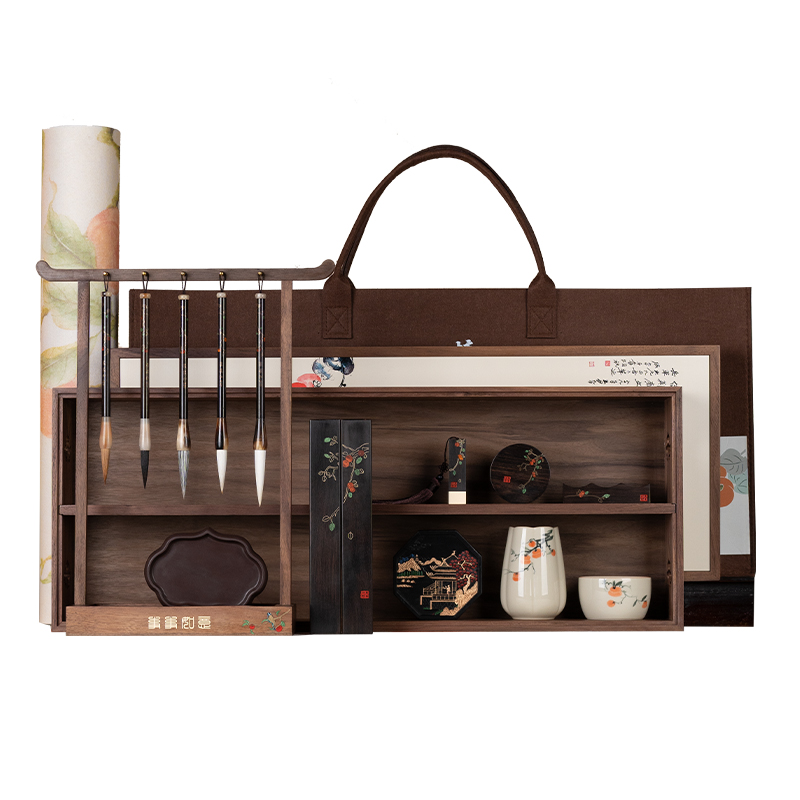 善琏湖笔 柿柿如意 文房四宝套装专业级书法礼物创意精品高档笔墨纸砚全套毛笔收纳盒砚台墨条镇纸多功能摆件