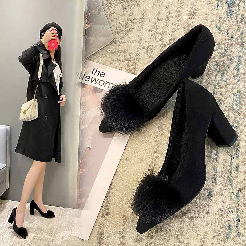 潮豆豆鞋粗跟高跟鞋女2025年新款尖头水貂毛毛鞋女冬外穿加绒棉鞋