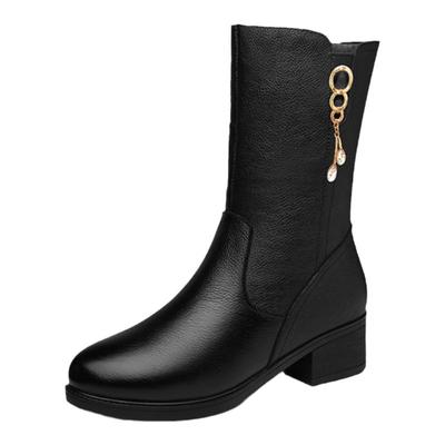 品牌富贵鸟中筒靴女粗跟短靴加绒