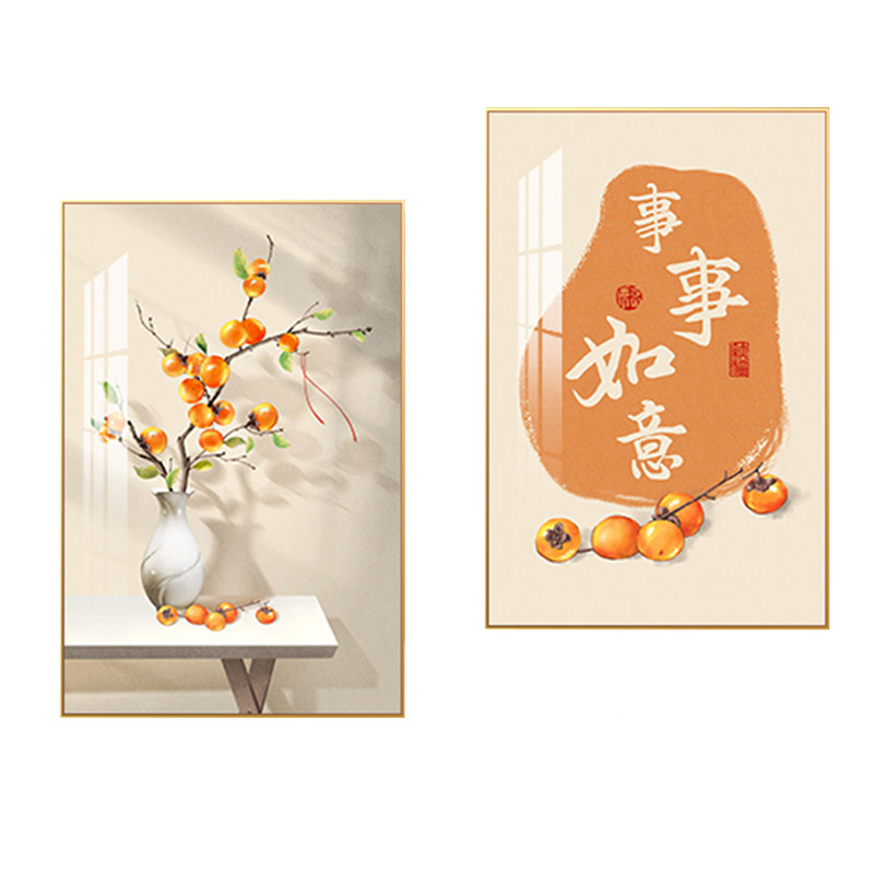 新中式餐厅装饰画柿子画饭厅饭店挂画两联日式厨房餐桌背景墙壁画
