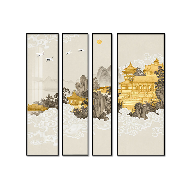 新中式客厅装饰画四联祥云挂画