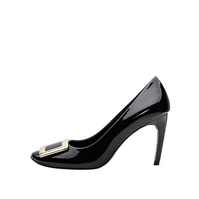 大象灰漆皮金属方扣女单鞋