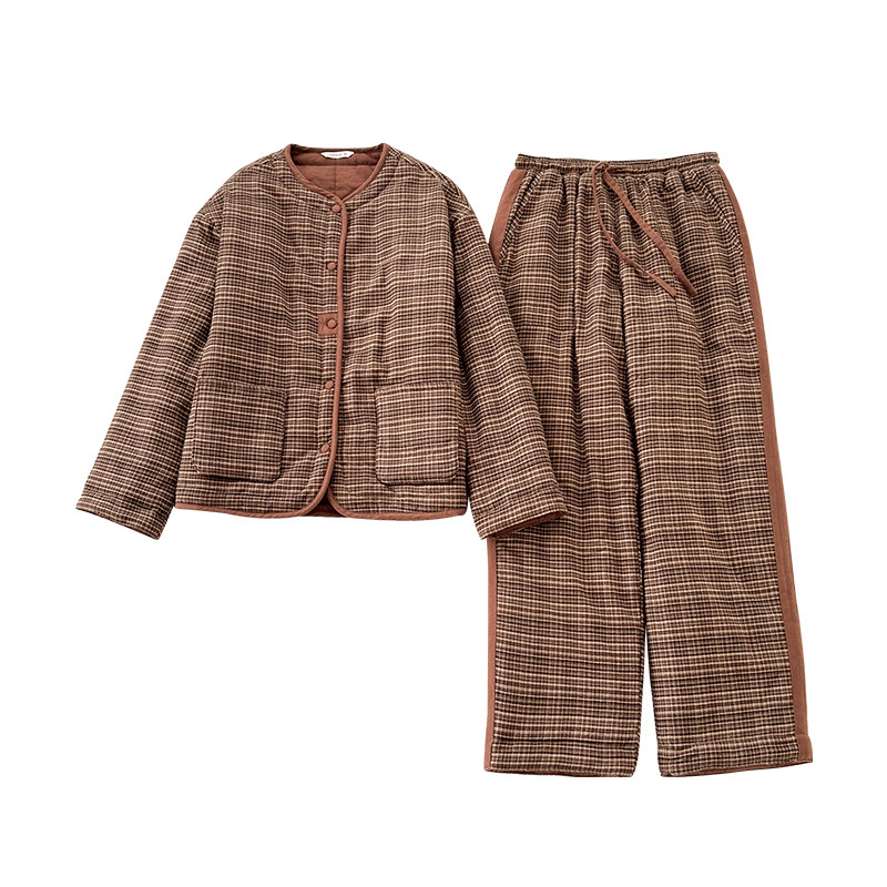 宜色家秋冬新款美拉德圆领细格子棉服外套加厚保暖棉衣家居服