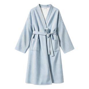 2026年浴袍女秋冬季新款加厚空气夹棉日式蓝白条纹长款睡袍睡衣