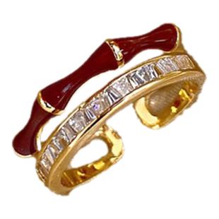 小众双层锆石红色竹节开口戒指女可调节偏财尾戒复古夸张中古指环