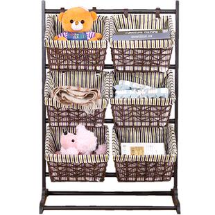 实木置物架客厅卧室收纳架落地吊篮整理架多层藤编布艺储物书报架