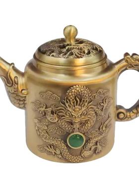 纯黄铜龙凤复古茶壶浮雕创意摆件