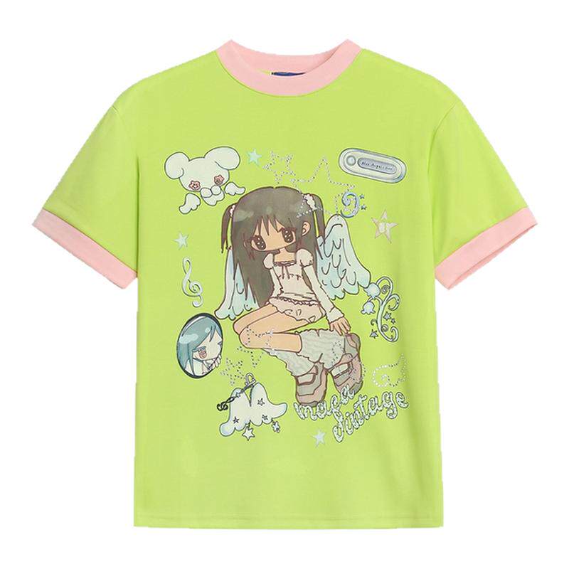 MoCreation 日系卡通风撞色短袖T恤女夏季修身动漫印花半袖上衣