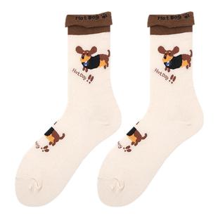 可爱咖色小狗袜子女中筒袜ins潮春夏款日系卡通腊肠狗堆堆长袜