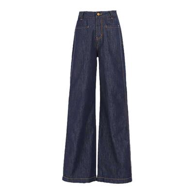 艾格深蓝色阔腿牛仔裤女
