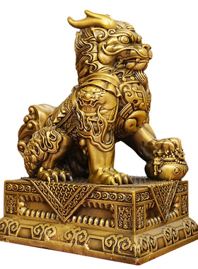聚财纳福麒麟一对公母黄铜摆件