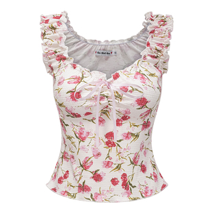 Go Girl Go 欧美风木耳边印花无袖背心修身短款辣妹上衣女夏季