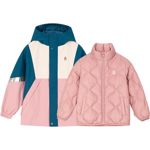 暇步士女童外套秋冬新款大童三防风衣儿童舒适羽绒内胆两件套