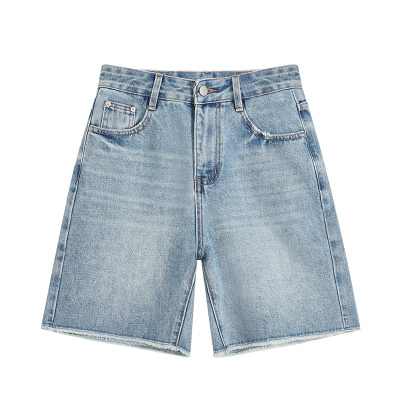 宽松直筒毛边牛仔短裤女直筒阔腿