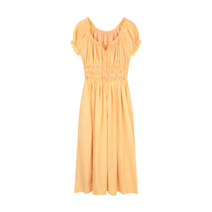 BLUEerror 牛津收腰长款橘色格子短袖连衣裙女法式浪漫长裙夏裙子