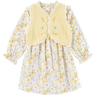 全棉时代年春季新款女童连衣裙套装甜美女孩长袖马甲裙子组合