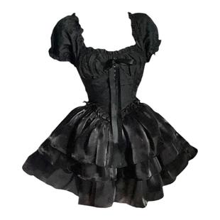 自制黑色收腰连衣裙女夏辣妹法式小众设计感纯欲泡泡袖公主蓬蓬裙