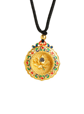 新中式古法花丝沙金荷花珐琅彩挂坠项链国风镀金烧蓝祥云莲花吊坠