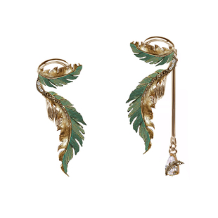 MASW麻秀原创设计夸张绿色羽毛耳骨夹小众个性复古翅膀无耳洞耳饰