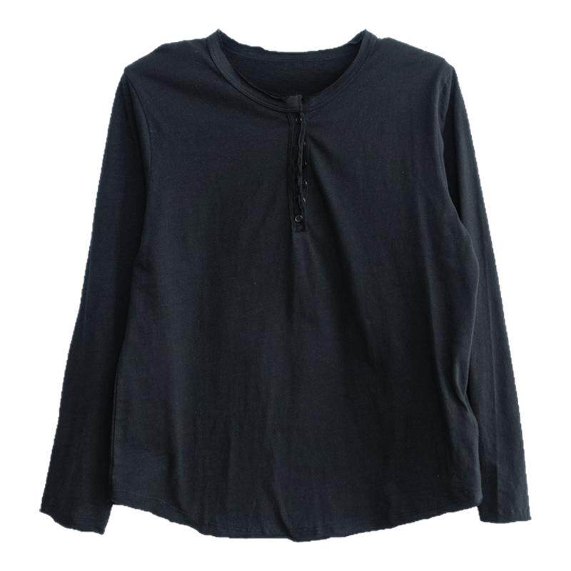 2025春夏百搭防晒黑色垂感日系简约竹节棉纽扣亨利领宽松长袖T恤