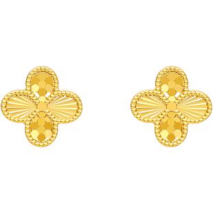 周六福四叶草耳饰女黄金色耳钉S925银耳环小众送女友节日礼物