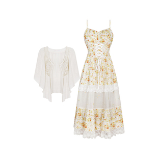 安妮不火盛夏野菊度假风碎花绑带吊带裙微胖大码裙子小雏菊连衣裙