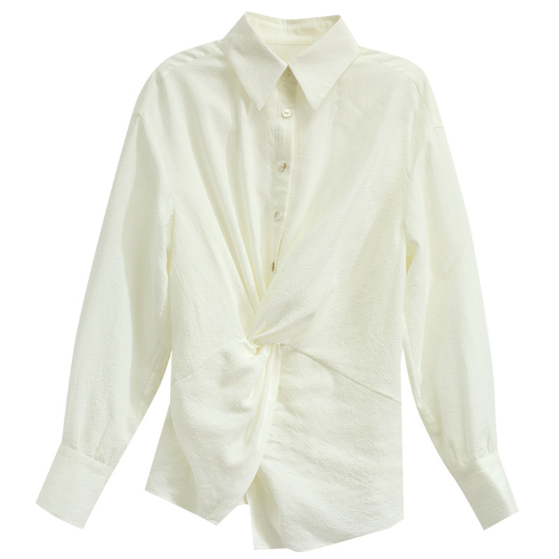 【新品】江南范白色设计师款长袖白领衬衫女宽松翻领收腰上衣