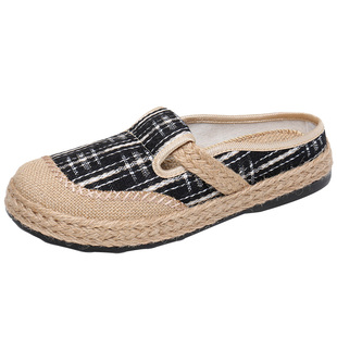 夏季老北京布鞋女半拖包头亚麻拖鞋外穿休闲复古渔夫鞋懒人一脚蹬